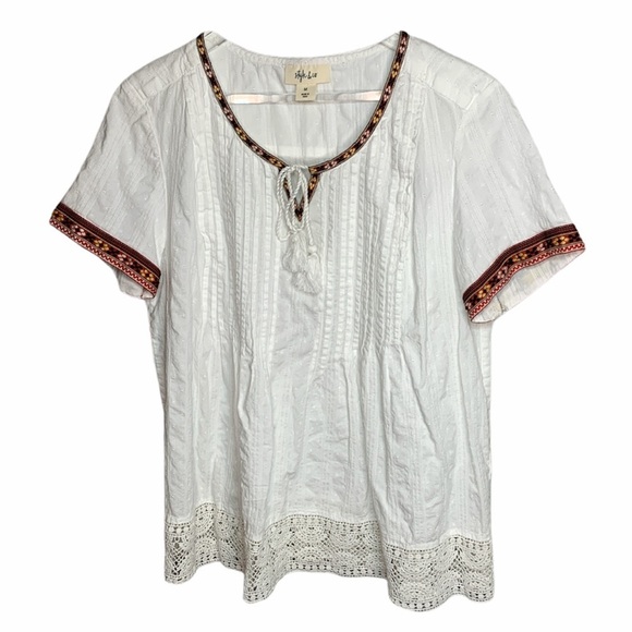Style&Co Aztec Print Embroidered Top W/Lace Hem - Picture 1 of 10